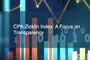 Chart with colorful bars and lines, overlaid with binary numbers and the text "CPA-Zicklin Index: A Focus on Transparency."