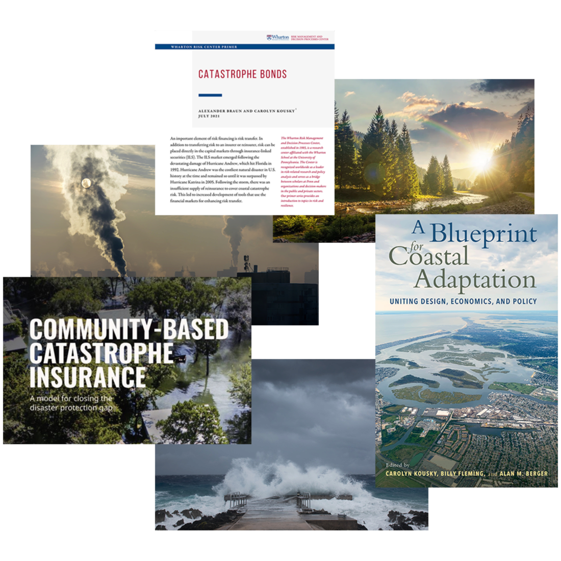 The image is a collage of publications related to catastrophe management and adaptation. It includes titles about catastrophe bonds, community-based insurance, and coastal adaptation, with corresponding landscapes and environmental imagery.