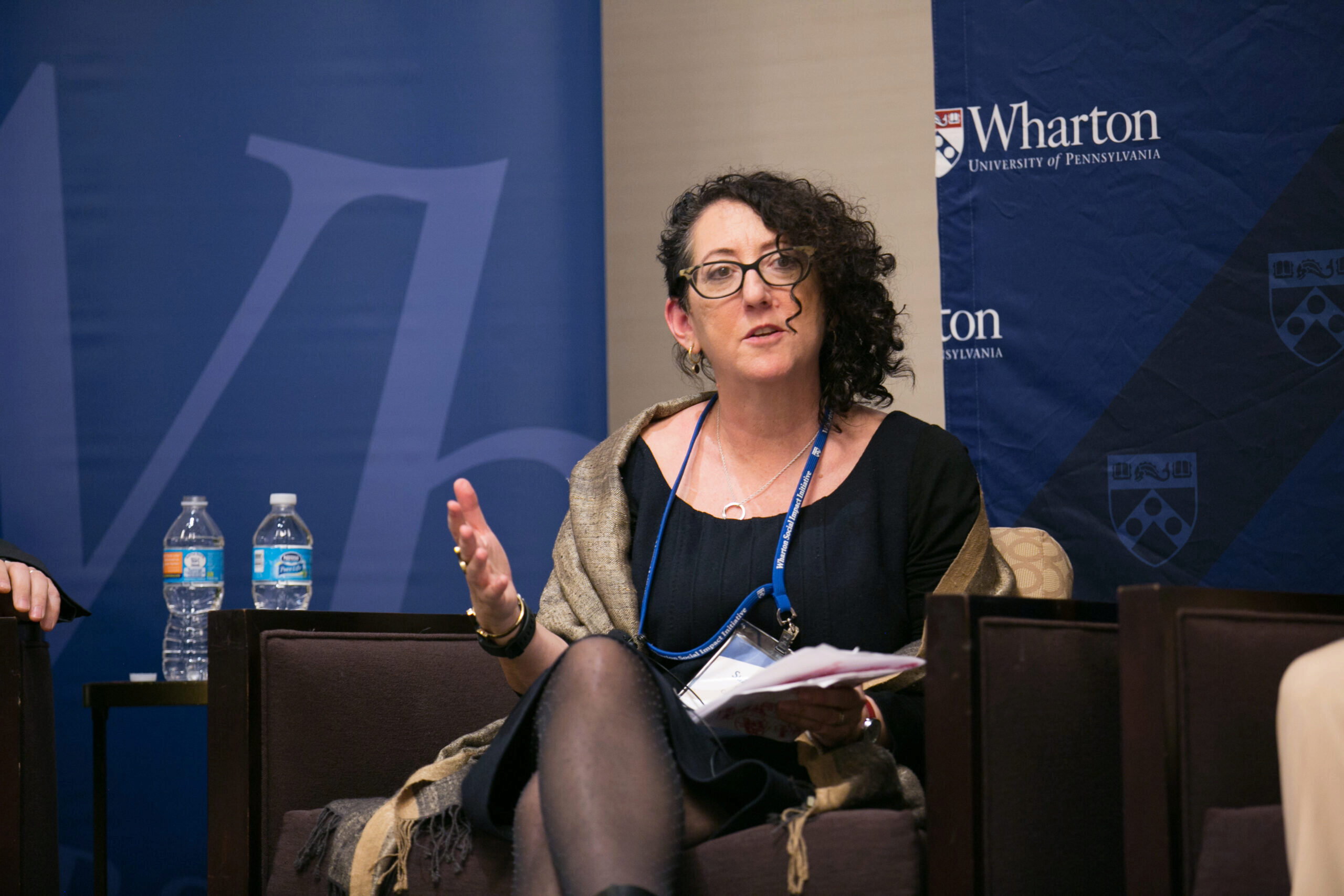 Suzanne Biegel 2 Close up photo of Suzanne Biegel at a 2017 Social Impact Initiative event, seated speaking to a room of professionals.
