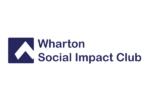 Logo of the Wharton Social Impact Club, featuring a stylized design and the name in blue text.