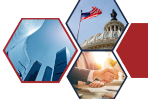 The image is a collage of three hexagonal sections: a modern skyscraper against a blue sky, the U.S. Capitol dome with an American flag, and a handshake over a desk with documents. It represents business, government, and cooperation.