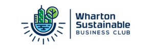 Logo of the Wharton Sustainable Business Club featuring buildings, a tree, water, and sun rays, symbolizing sustainability and business.