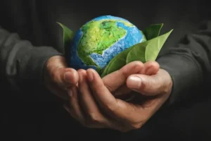 Cupped hands hold a globe wrapped in two leaves.
