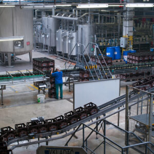 Velke,Popovice,,Czech,Republic, ,11,Aug,2010:,Modern,Beer A worker in a brewery adjusts crates of bottles on a conveyor belt in an industrial setting with large metal tanks and machinery.