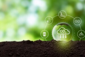 Reduction,Of,Carbon,Emissions,,Carbon,Neutral,Concept.,Net,Zero,Greenhouse Soil with a graphic depicting the process of lowering C02 emissions.