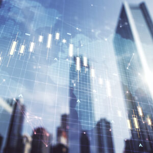 Double,Exposure,Of,Abstract,Financial,Graph,With,World,Map,On Decorative image with a reflection of a city scape and a bar graph.