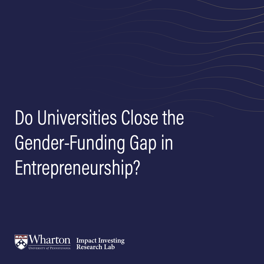 Gender Funding Gap Cover Blue background that reads "Do Universities Close the Gender-Funding Gap in Entrepreneurship?", as well as the Wharton Impact Investing Research Lab logo
