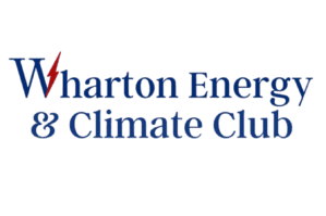 3 Logo of the Wharton Energy & Climate Club with a stylized red lightning bolt replacing the "W" in Wharton.