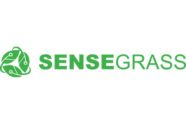 Logo of SenseGrass featuring green text and an emblem with three leaves forming a triangle, representing agriculture technology or sustainability.